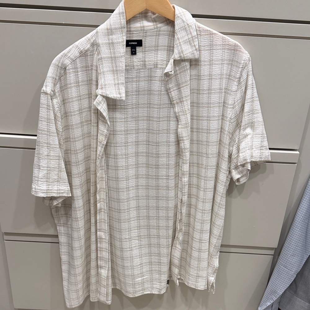 Express Cream and Light Brown Plaid Short-Sleeve Button-Up Shirt